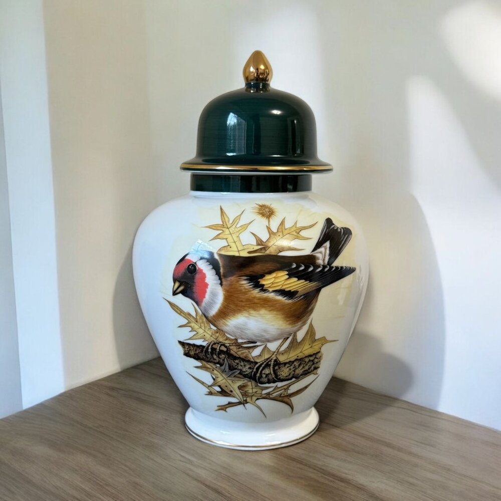 1978 Vintage Enesco Porcelain Ginger Jar With Goldfinch Decoration